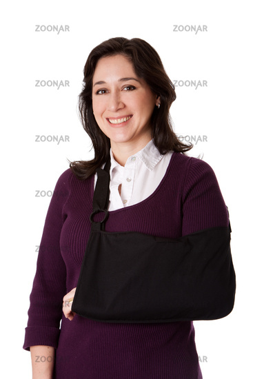 broken arm sling. Happy attractive woman with roken arm in sling, isolated.