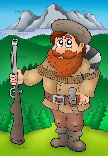 cartoon images of mountains. Cartoon trapper with mountains - color illustration.