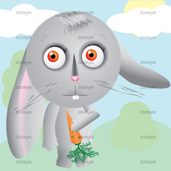 Little cartoon hare keeps carrot and looks up at field