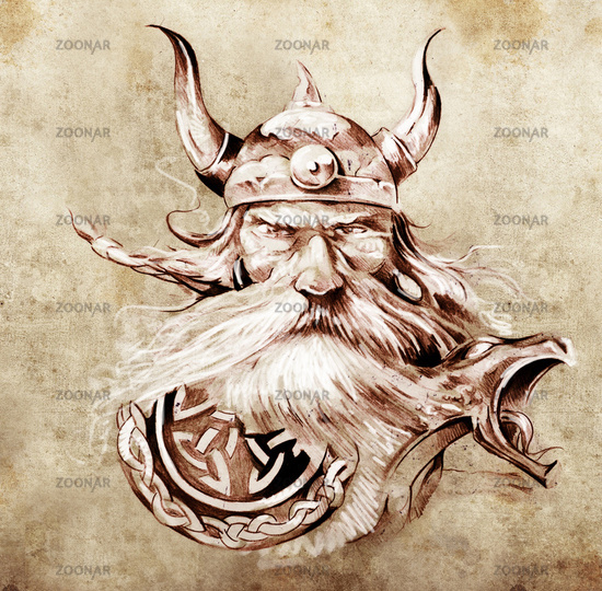 Tattoo art sketch of a viking warrior Illustration of an ancient wooden 