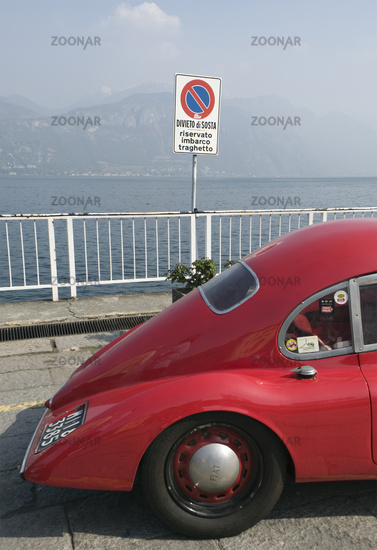Vintage Red Car Fiat Siata and No Parking Sign On Lakeside Lake Como Italy