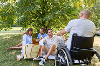 Group of friends enjoying a picnic in the park with person using wheelchair