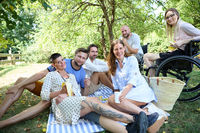 Group of friends enjoying a picnic outdoors, including persons using wheelchairs and prosthetic limbs