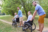 Happy friends enjoying a day outdoors with people using wheelchairs in a natural park setting